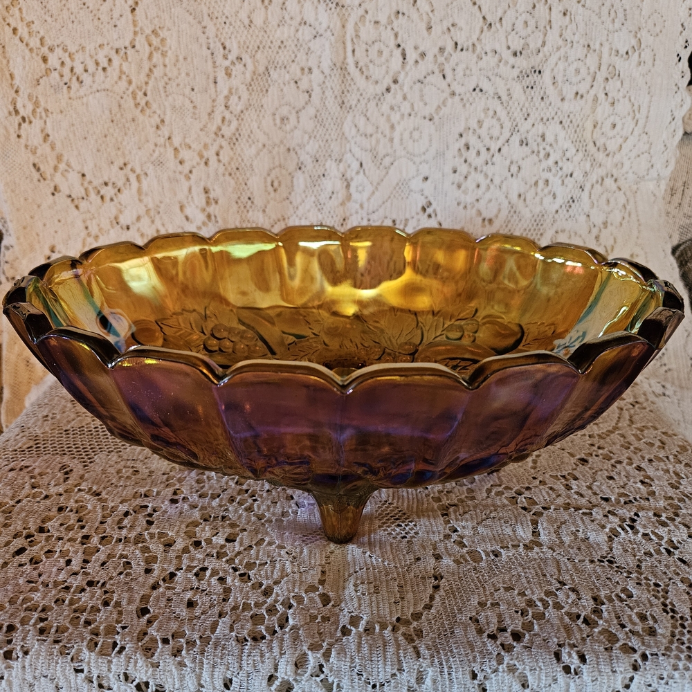 ❤️ Indiana Glass | Harvest Grape Carnival Glass | Amber Oval Footed Bowl